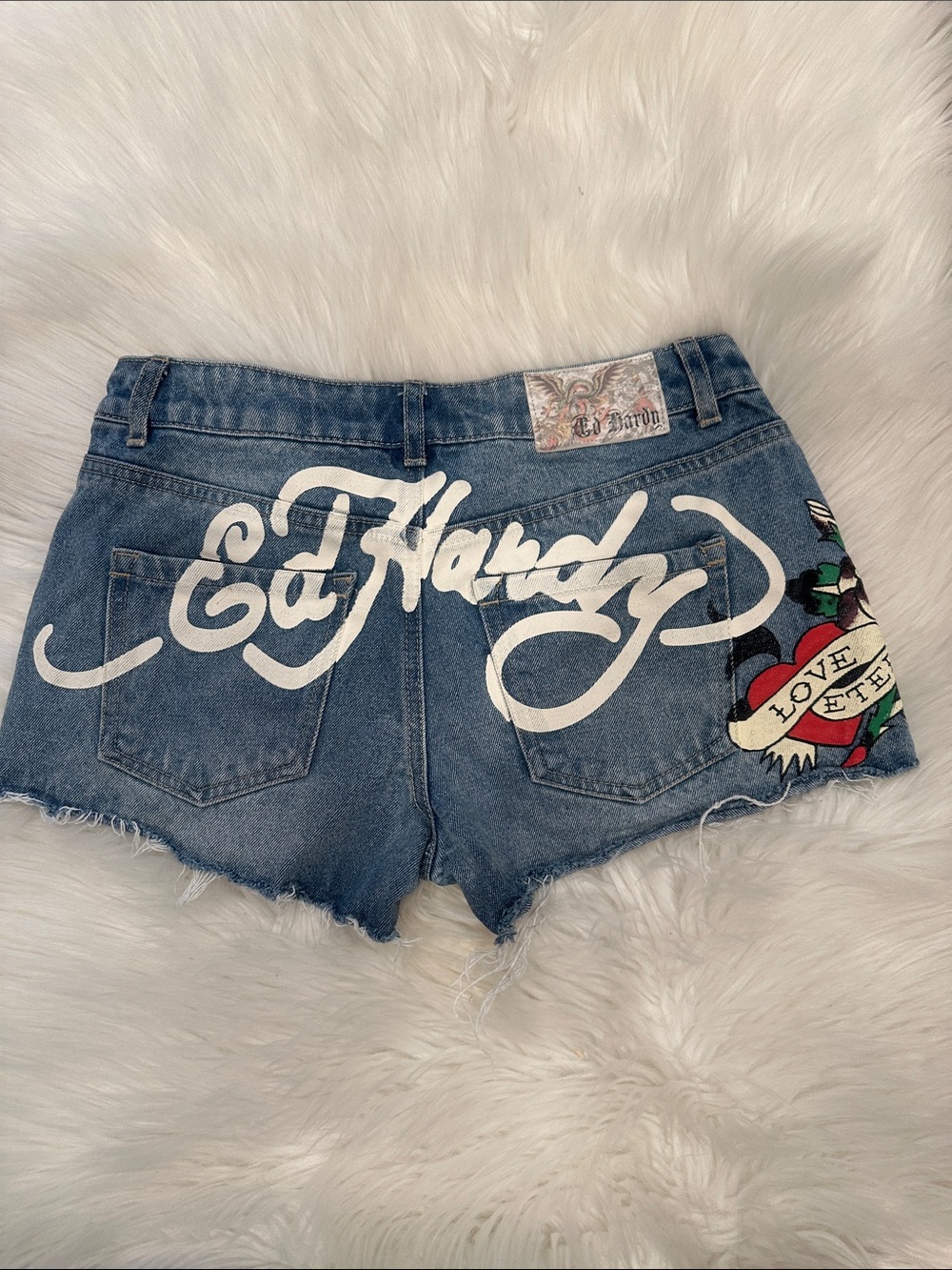 Ed Hardy Blue Denim Jean Shorts with Floral Patch